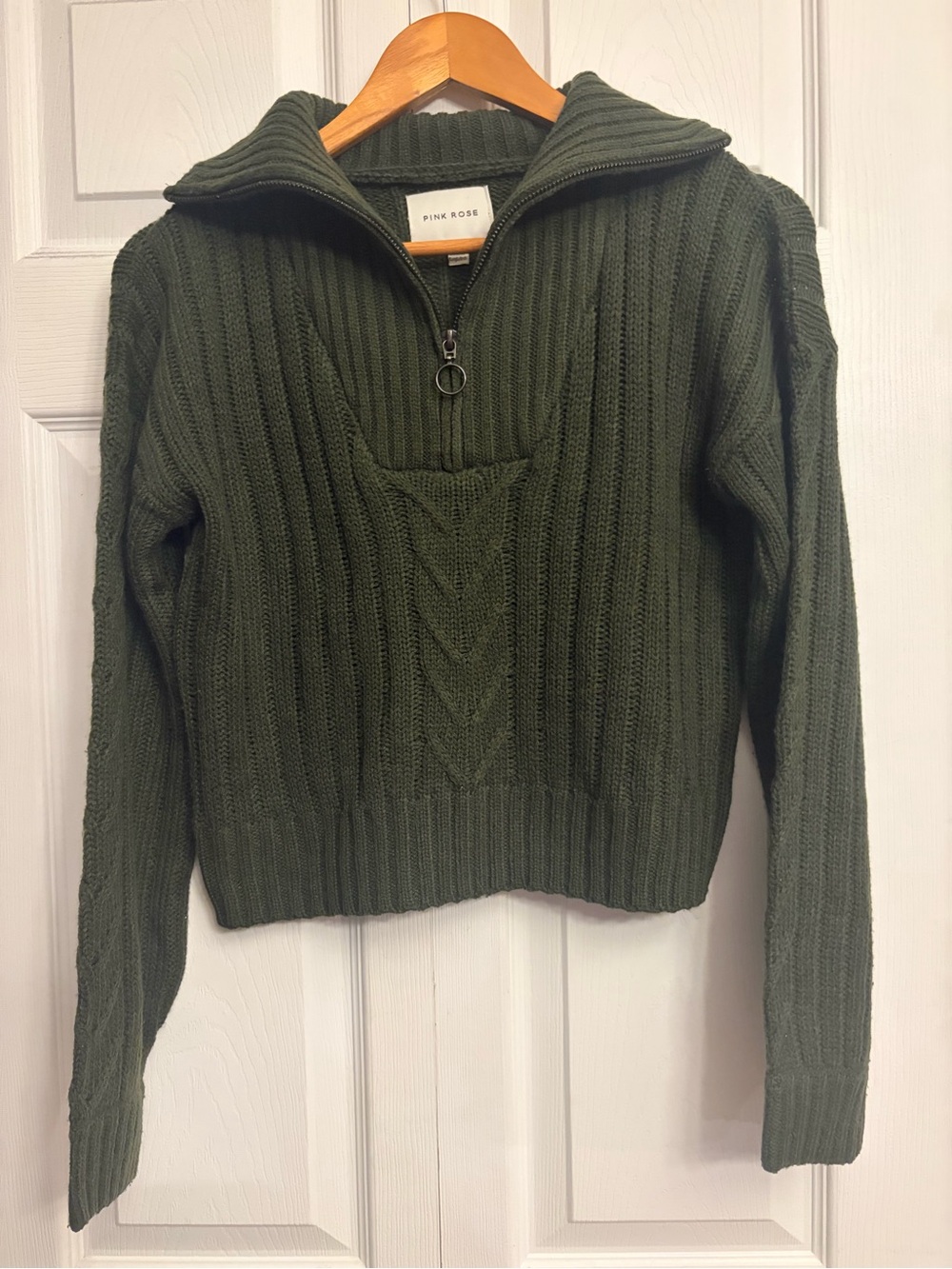 PINK ROSE Olive Green Half-Zip Ribbed Cable Turtleneck Sweater